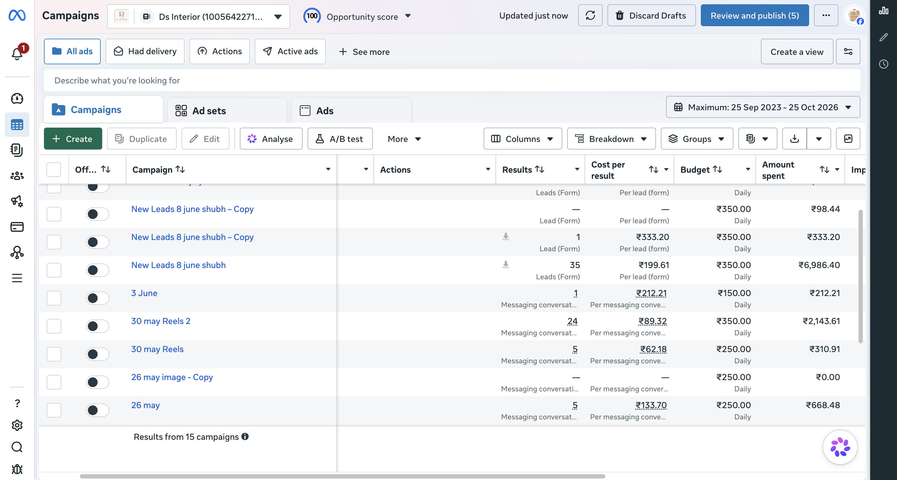 Meta Ads results for DS Interior showing messaging conversations and cost per result
